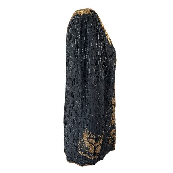 Land Mark Silk Beaded Jacket Medium Black Gold Glam Holiday Party Goth Vintage - Picture 11 of 16
